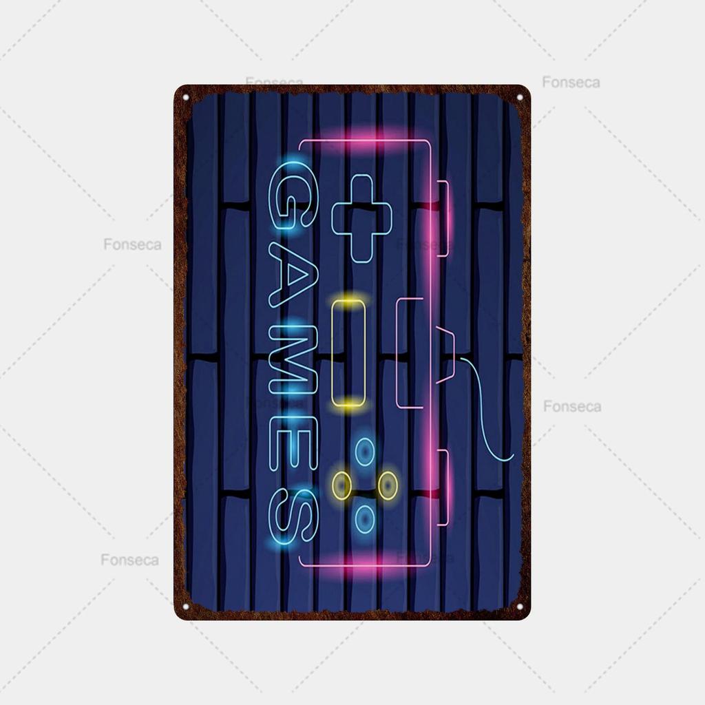 Неоновая игровая вывеска, металлическая вывеска, винтажная жестяная вывеска, металлический винтажный бар, винтажное украшение стены, металлический постер с клубной дыркой