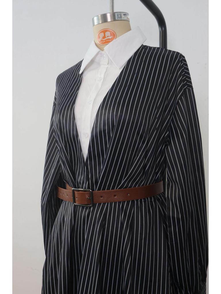 Женское ретро-платье-рубашка в полоску (европейский и американский стиль), Осенняя коллекция - Свободный крой с поясом, Color-block, Дизайн с воротником-рубашкой