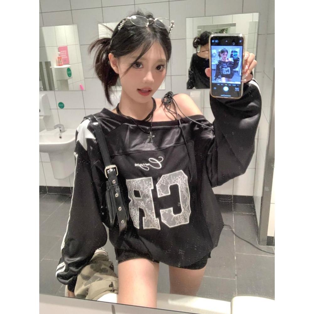 Уличная одежда Y2k Графические толстовки Женские Эстетические кружевные толстовки с открытыми плечами Американские винтажные топы большого размера с длинным рукавом