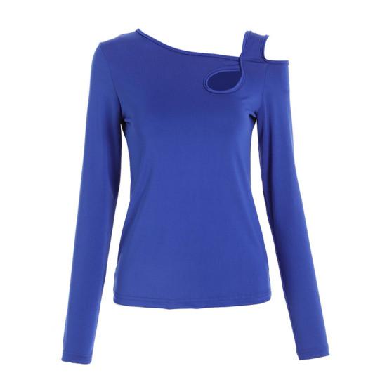 Женские сексуальные топы с наклонными плечами, облегающий топ, полый дизайн, косой воротник, однотонный цвет с длинными рукавами