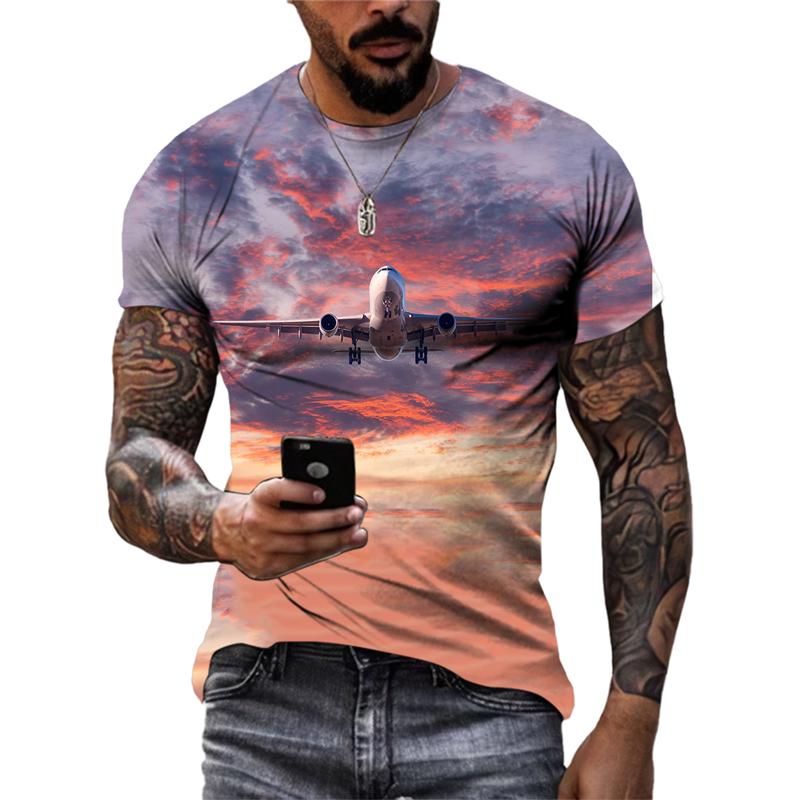 Fashion New 3D Printed Airplane Graphic T Shirts For Men Summer Trend Casual Fun Round Neck Short Sleeve Streetwear Tees Tops