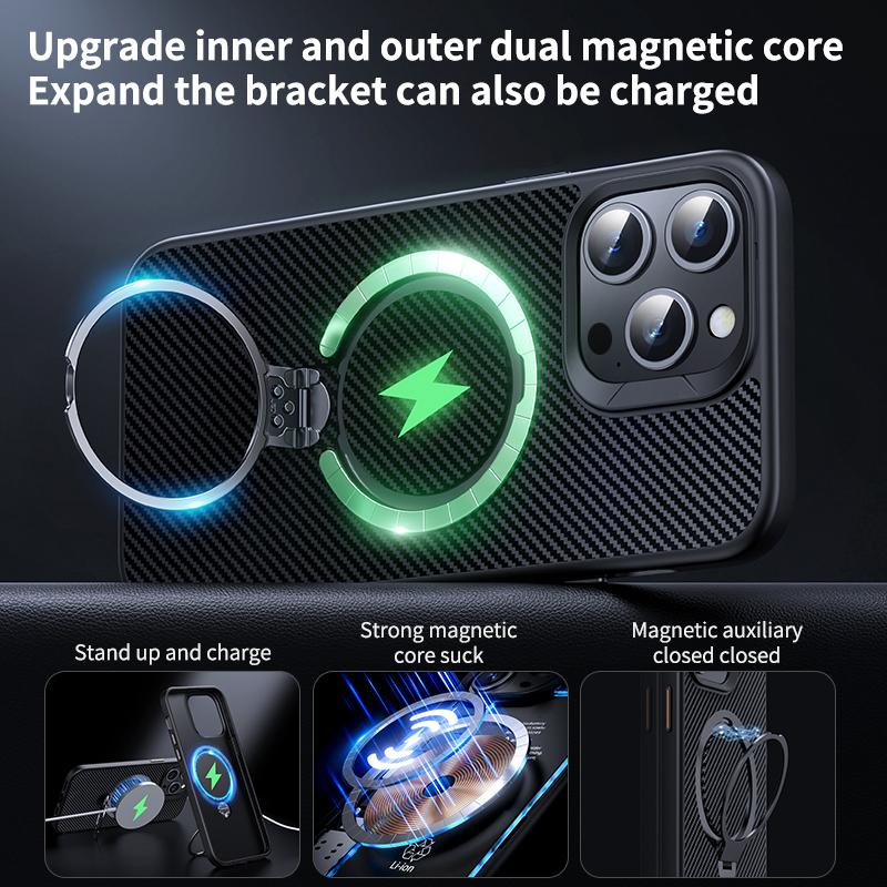 For iPhone 12/12 Pro Case Kickstand Protective Cover Carbon Fiber Texture Compatible with MagSafe