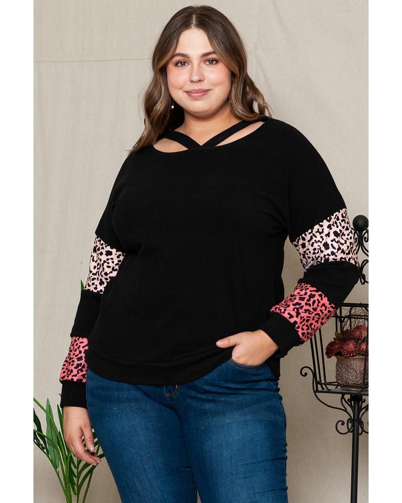 Azura Exchange Black Plus Size Leopard Patchwork Strappy Neck Top