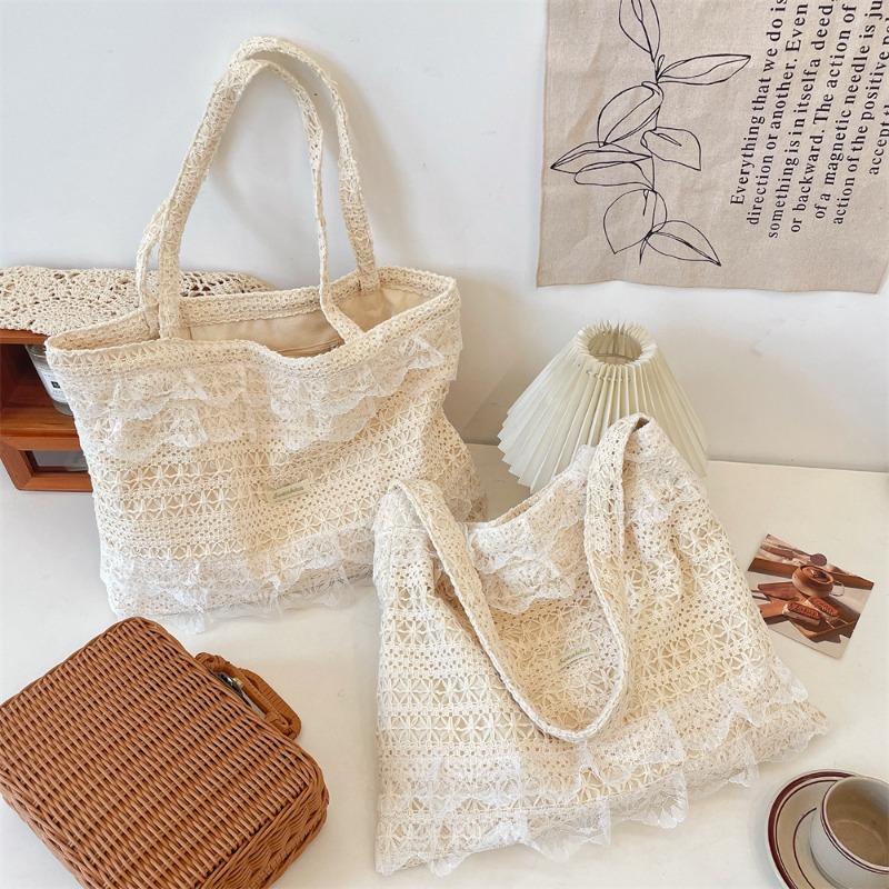 Summer Leisure Vacation Shoulder Bag Fairy Lace Canvas Bag Large Capacity Tote Bag Hollow Beach Bag