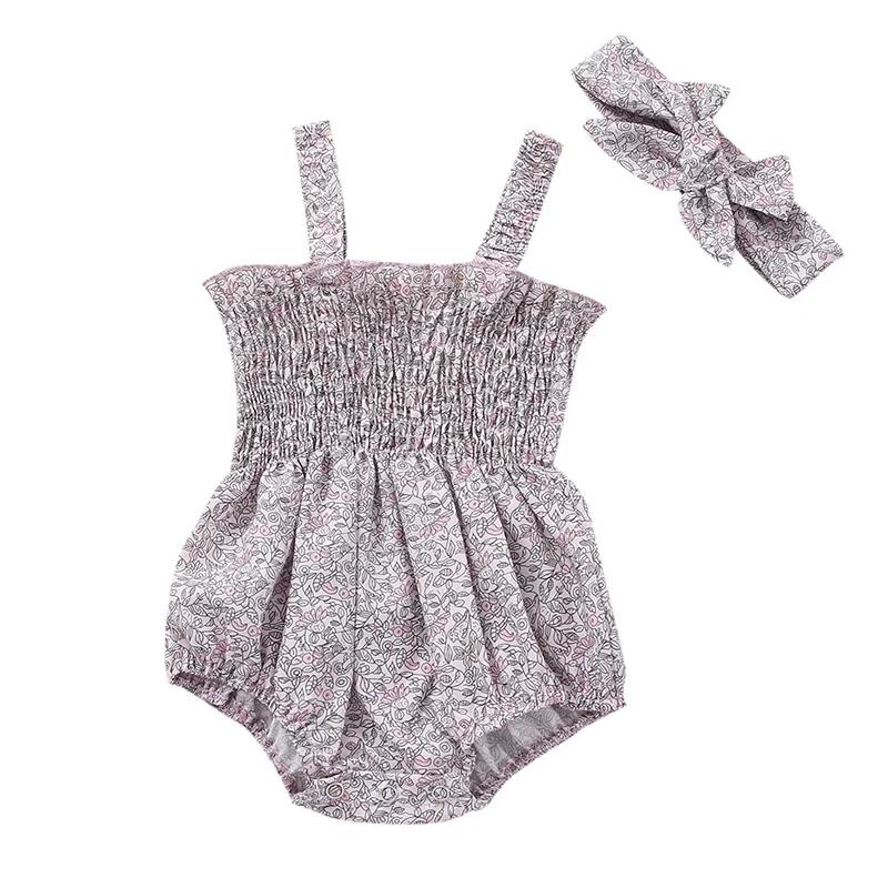 Infant Baby Girl Romper Clothes Ruched Casual Sleeveless Newborn Bodysuit with Headband Summer Jumpsuit Cute Toddler Outfit Suit