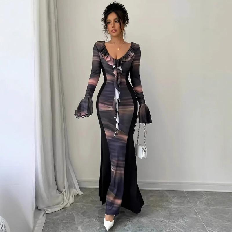 Женское модное платье с принтом тай-дай и складками, сексуальное обтягивающее платье с V-образным вырезом и рыбьим хвостом