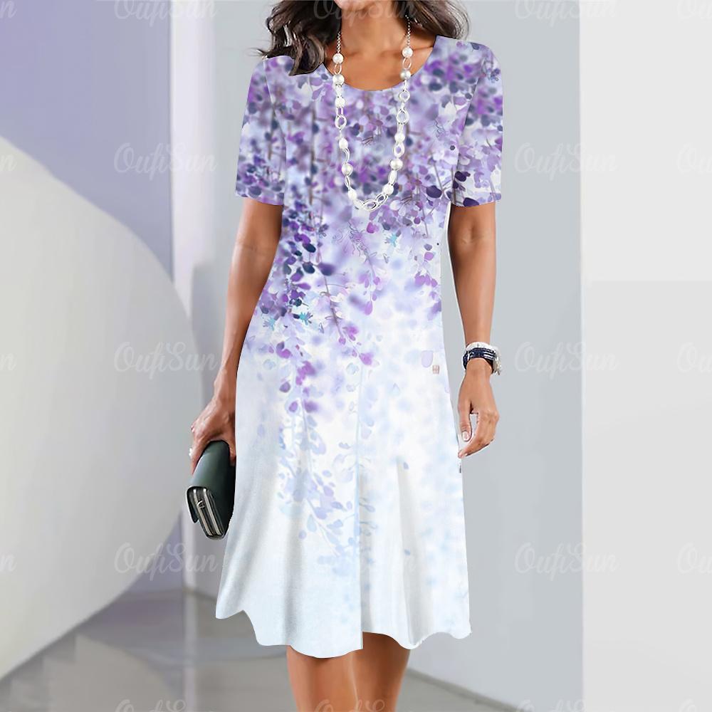 Элегантные женские платья, модные женские топы с короткими рукавами, повседневные женские свободные платья А-силуэта, пуловеры, простые цветы, одежда