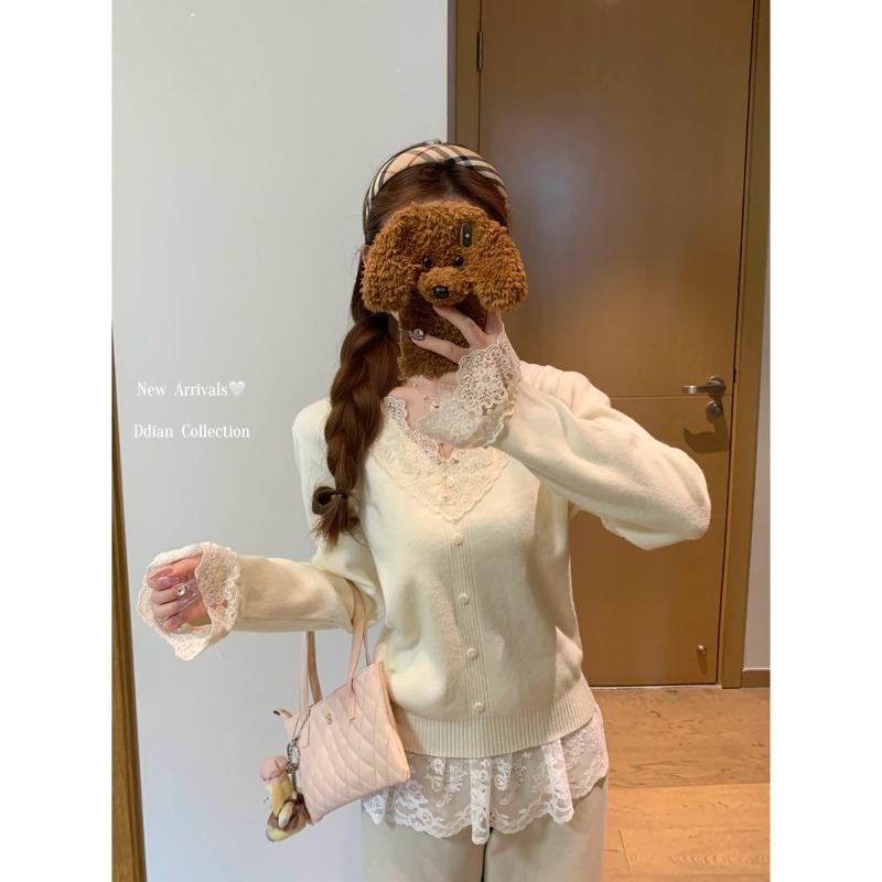 Весенняя кружевная трикотажная базовая рубашка с V-образным вырезом, женский облегающий и тонкий внутренний топ, мягкий восковой свитер, уменьшающий возраст