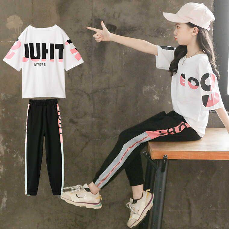 Новый летний спортивный костюм из двух частей для девочек: Топ и брюки с коротким рукавом для детей среднего и большого размера