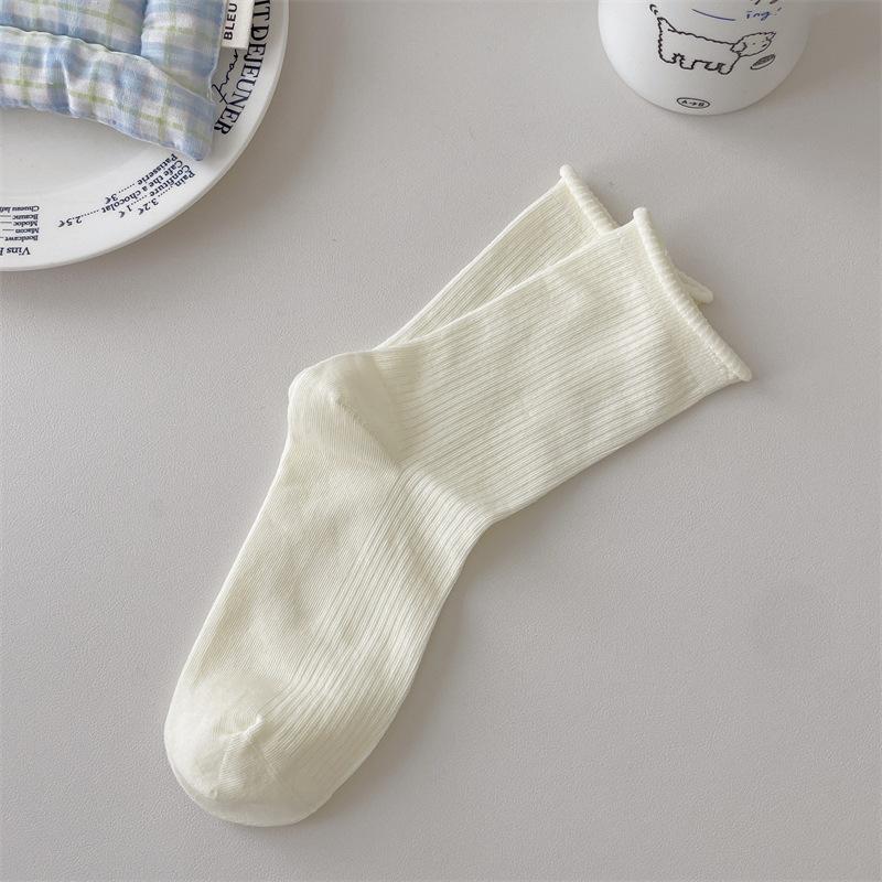 Anti-Pilling Boneless Solid Color Curled Edge Vertical Striped Confinement Socks Thin Breathable Cotton Loose Mouth Mid-Tube Stacked Socks