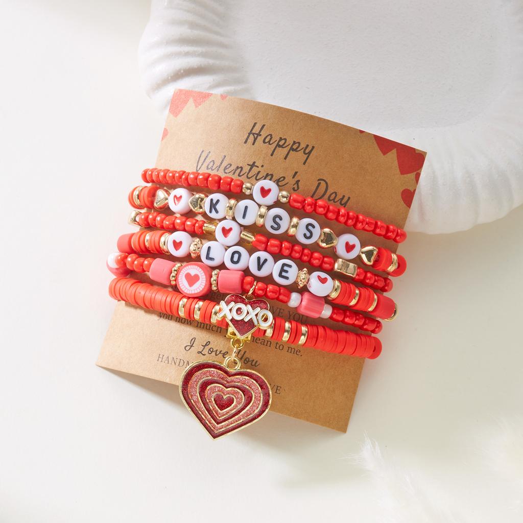 6Pcs/Set Romantic Love Heart Pendant Bracelets for Women Girls Cute Pink Soft Clay Beaded Bangles Valentine's Day Jewelry Gift