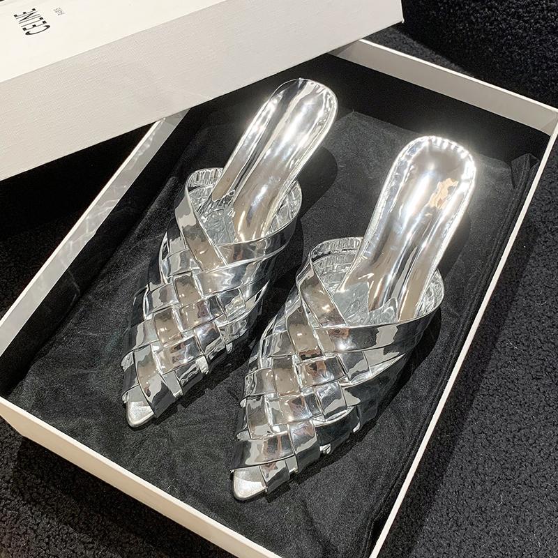 Летние женские тапочки плетеные с острым носком слипоны женские мюли обувь на плоской подошве сандалии обувь платье шлепанцы mujer