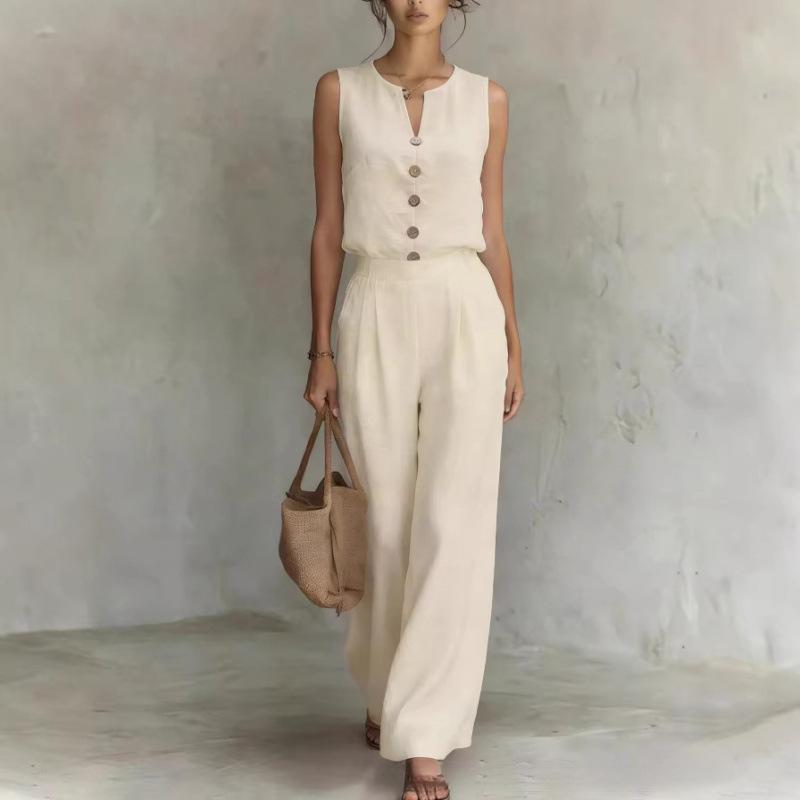 1116 European and American summer women's clothing lazy style imitation hemp suit, sleeveless vest + wide-leg pants, gentle display