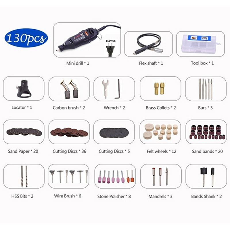 Электрическая мини-дрель, роторная шлифовальная машина, полировка сверла своими руками с 6/130 шт. аксессуарами