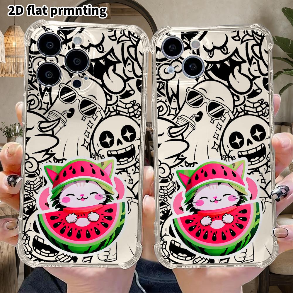 Phone case: 2D flat design, suitable for iPhone 18 17 16 15 14 13 Pro protective case, watermelon cat, perfect Christmas and Halloween holiday gift