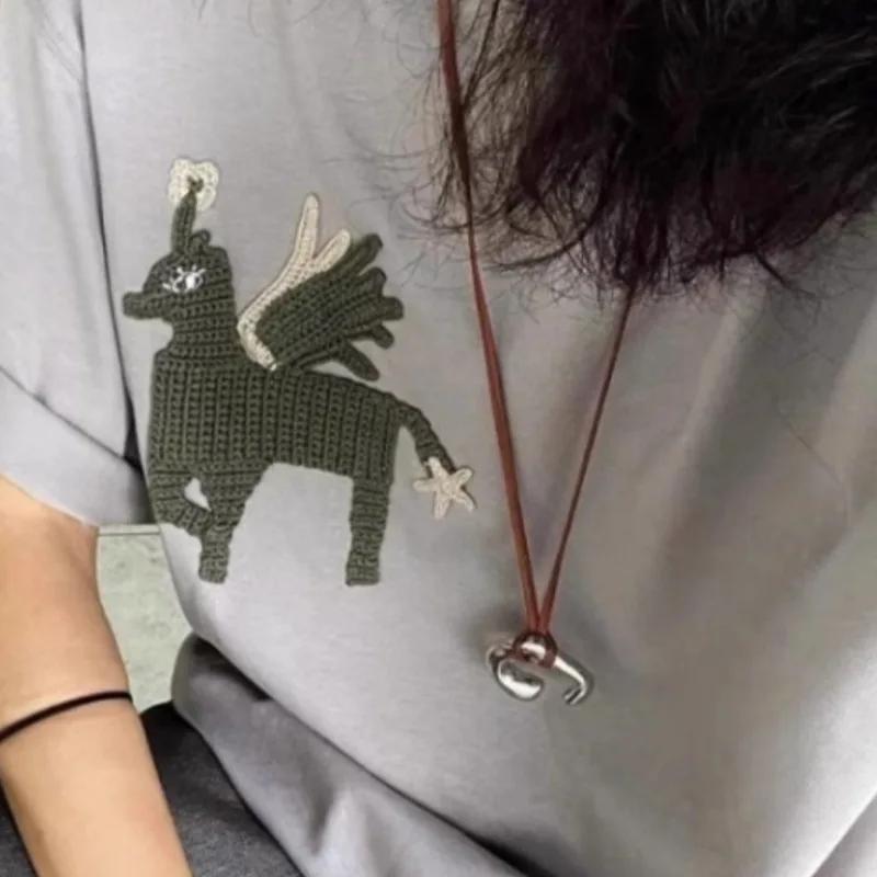 U-Shaped Horseshoe Metal Pendant Necklace Female Niche Design Coffee Colored Leather Rope Long Sweater Chain