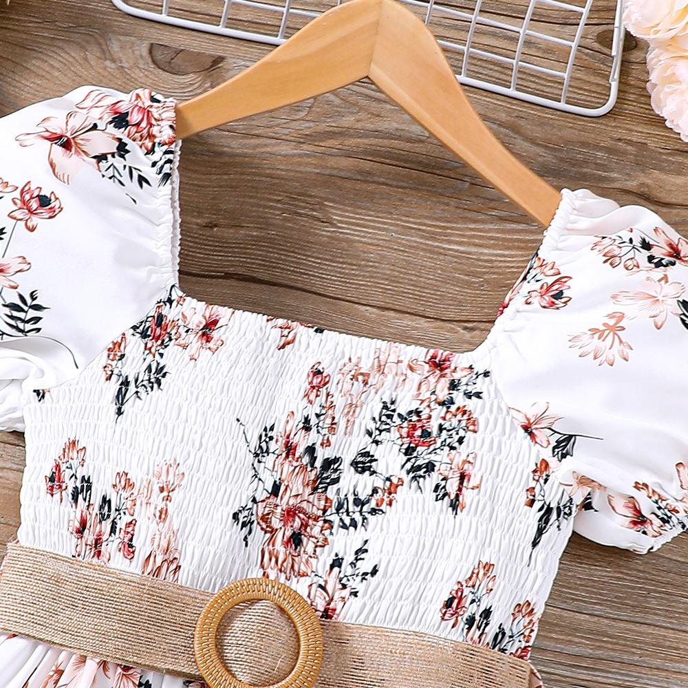 Новое летнее платье для девочек, пышные рукава, платья с цветочным принтом и поясом, детская одежда для 5-12 лет