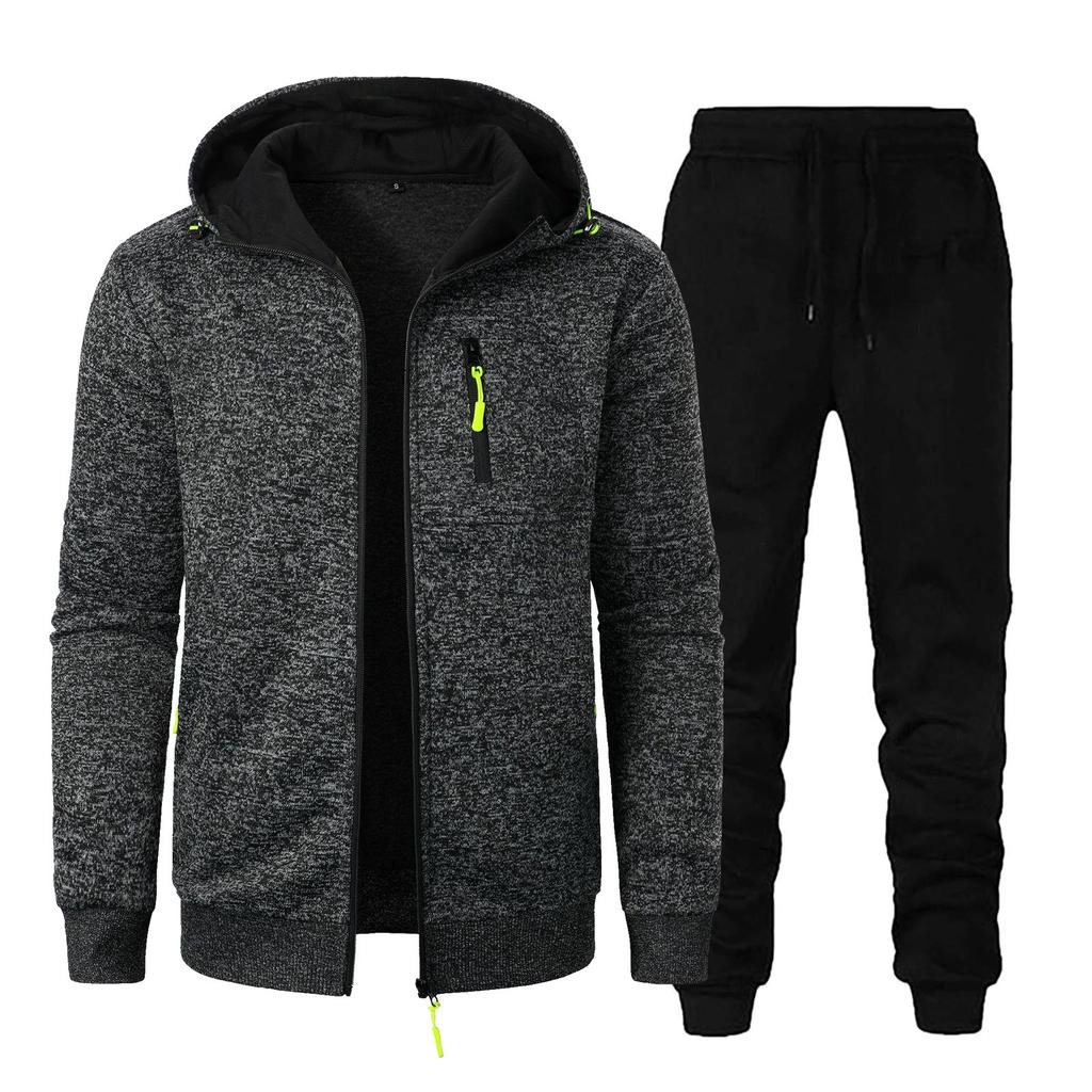 Мужская осенне-зимняя однотонная толстовка с длинным рукавом на молнии с капюшоном и брюками