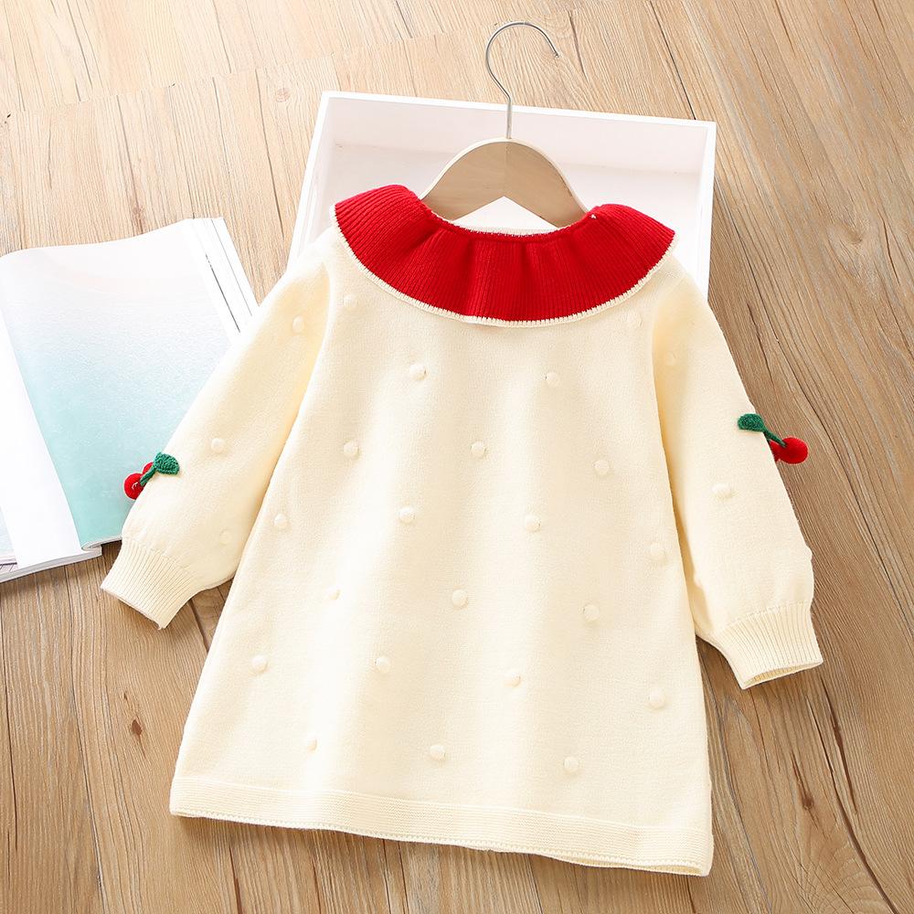 Girls' Knitted Cherry Dress – Long Sleeve Warm Sweater Dress with Ruffled Collar