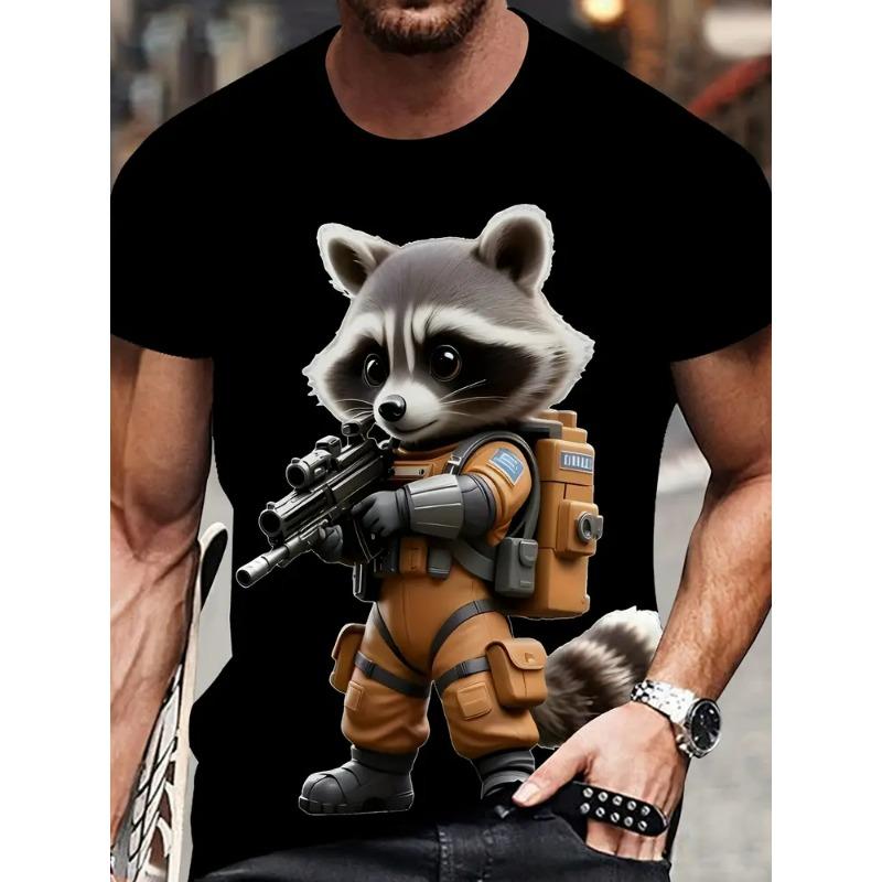 Summer 3D Cat Patternraccoon T-Shirt for Men Animal Cartoon Animal Pattern Tees Loose Round Neck Tops T Shirts Short Sleeves