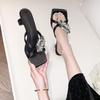 2025 Summer New Rhinestone Slippers Women's Fashion and Casual Style Thick Heel Middle Heel One-word Sandals Women