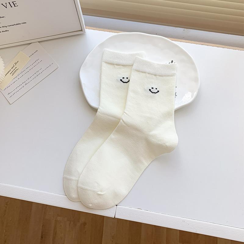 Простые и модные женские гольфы до середины икры с улыбающимися лицами, универсальные для осени, и махровые носки без швов.