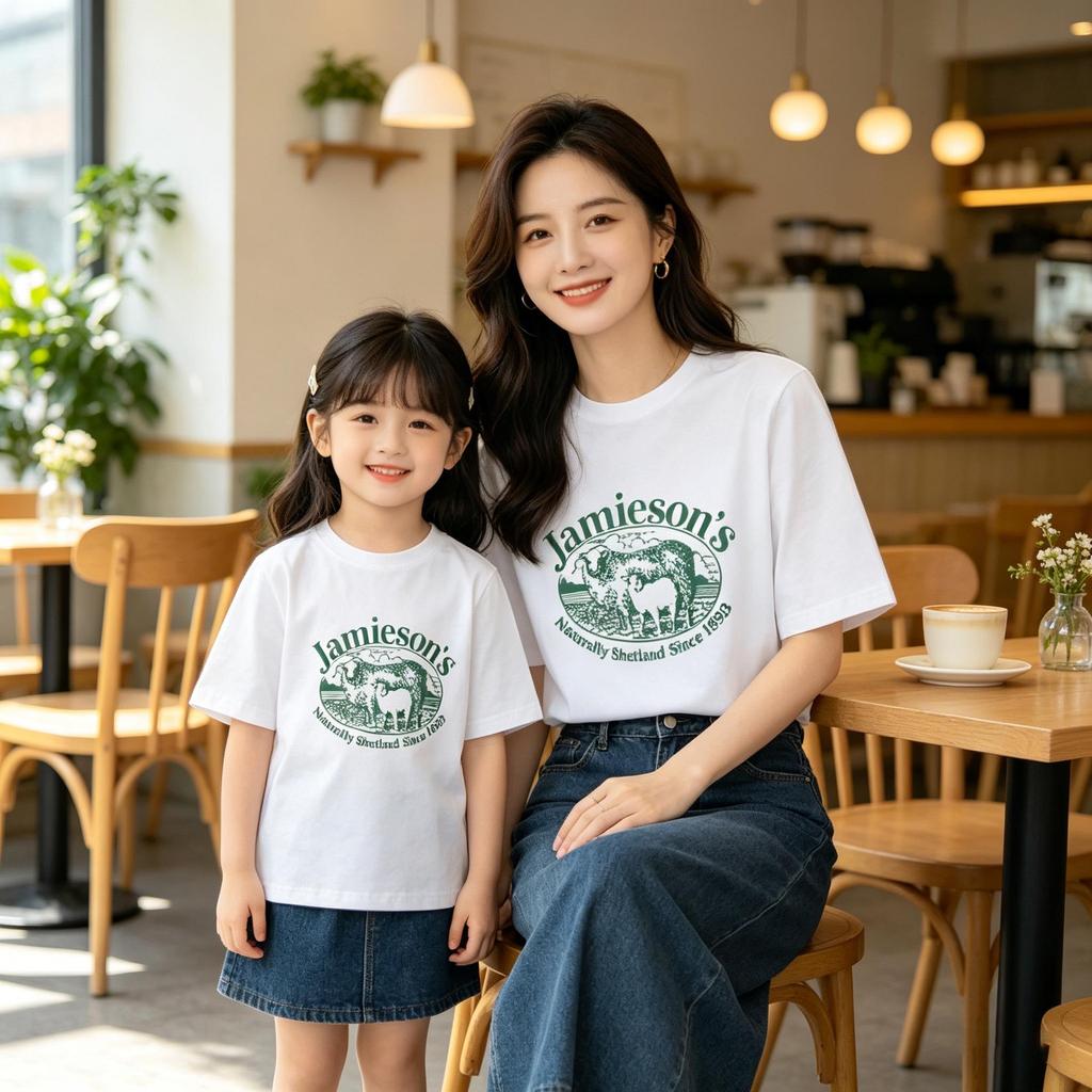 100% Cotton Lamb Print Mother-Daughter Matching Short Sleeve T-Shirt - Round Neck, Casual Top
