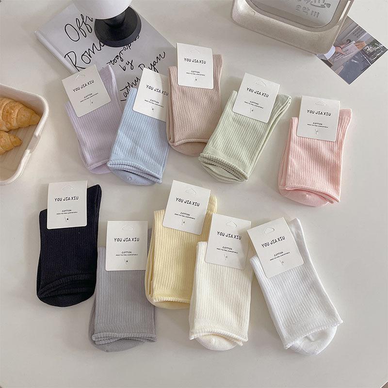 Однотонные женские носки, хлопковые тонкие дышащие эластичные длинные носки, школьные носки в японском стиле для девочек, черные, белые, серые, средние носки-трубы