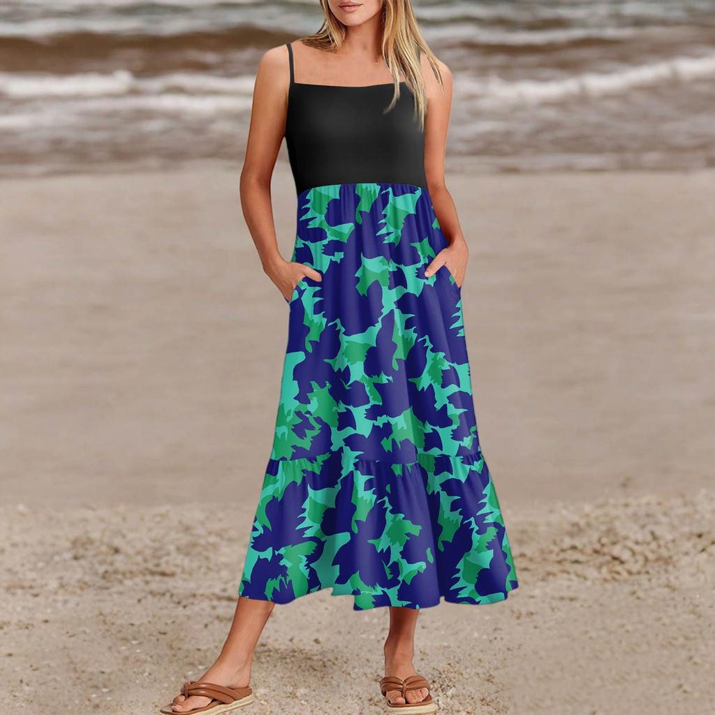 Women's Summer Spaghetti Strap Patchwork Beach Vacation Floral With Pocket Dresses