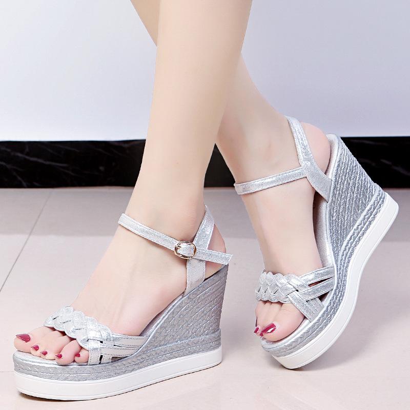 Fashion Wedge Heel Women Sandals 2025 New Summer High Heel Platform Word with Rhinestone Roman Shoes