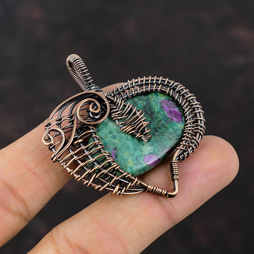 Подвеска из рубина и фуксита, обмотанная медной проволокой, подвеска ручной работы, украшение из медной проволоки, подвеска из драгоценного камня, подарок для жены, совершенно новое украшение