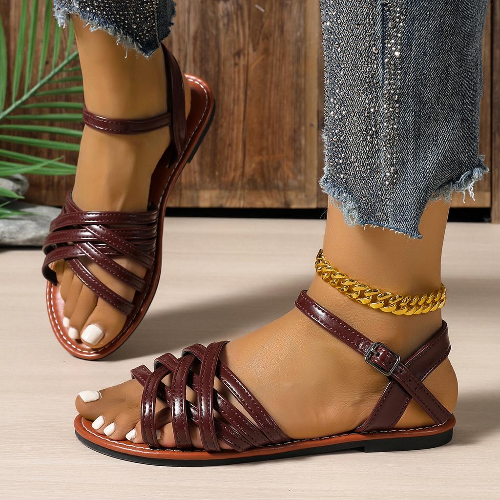 Модные французские сандалии с плоским носком женские 2025 лето новые коричневые ретро черные удобные римские туфли обувь для женщин обувь на платформе