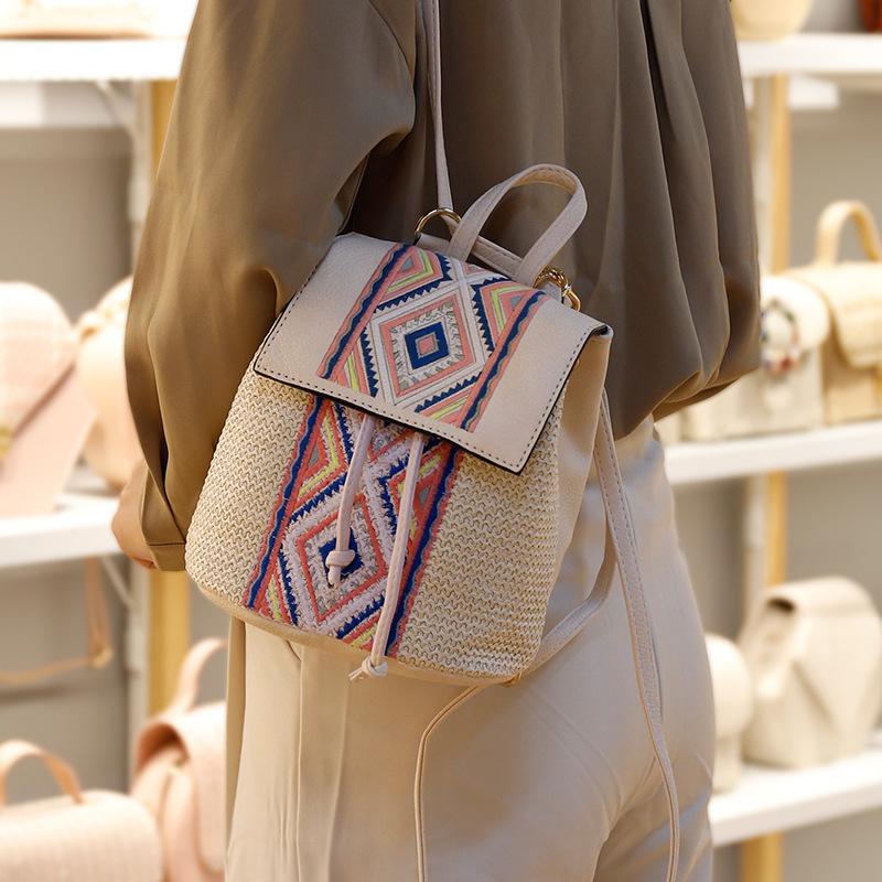 Соломенная тканая сумка, тканый рюкзак с вышивкой, сумка на плечо с ромбом, женская сумка-ведро