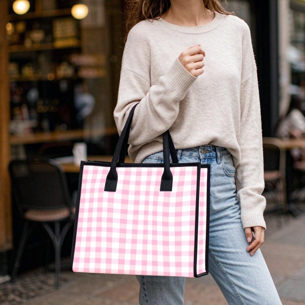 Pink Plaid Large Tote Bag Casual Daily Handbag for Shopping Work Travel