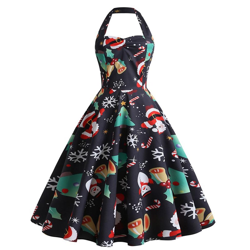 (Great home)Women's Christmas Sexy Halter Neck Santa Print Dress Party Mini Dress
