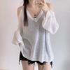 Off Shoulder Sexy Long Sleeve Cover Up Blouse Women Loose Sunscreen V-neck Tops Elegant Summer Casual Ice Knit Long Shirts 27004