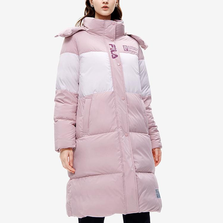 Fila X MIHARA Модная повседневная куртка-пуховик средней длины с капюшоном в стиле колор-блок Женская верхняя одежда Светло-фиолетовый Красный F11W243903F-PK