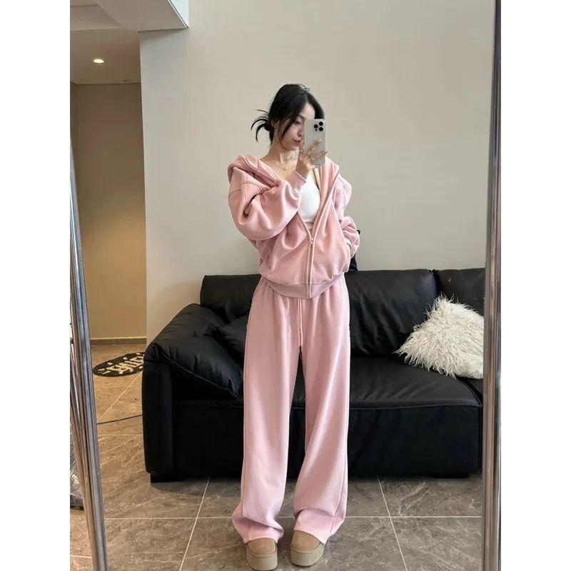 Простой однотонный повседневный спортивный костюм для женщин на осень и зиму, состоящий из куртки с капюшоном и брюк широкого кроя