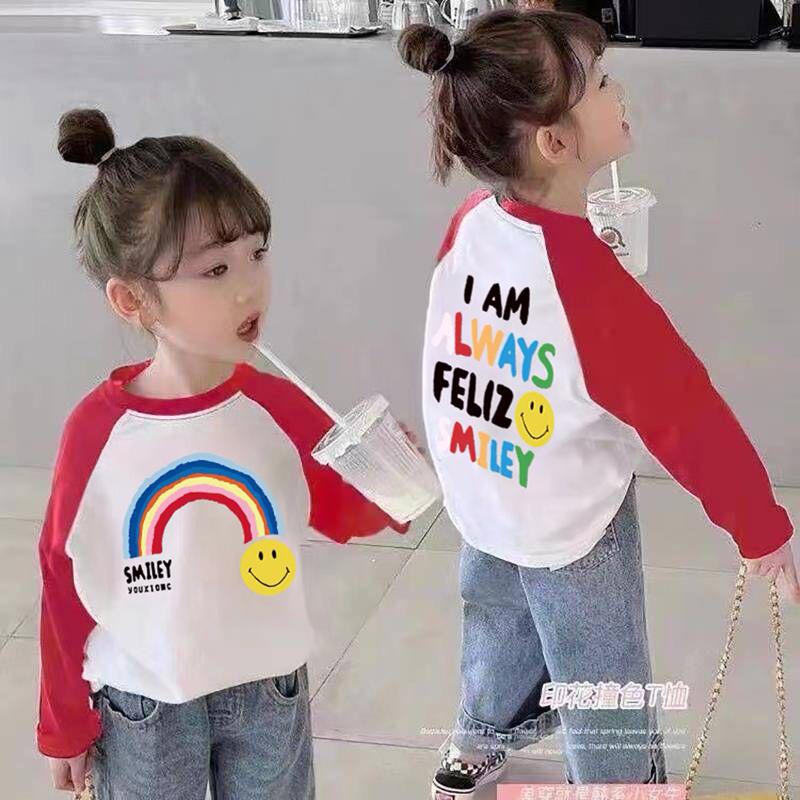 Girls Cotton Long Sleeve T Shirt Spring Autumn Korean Block Rainbow Letter Print Casual Base Layer Top