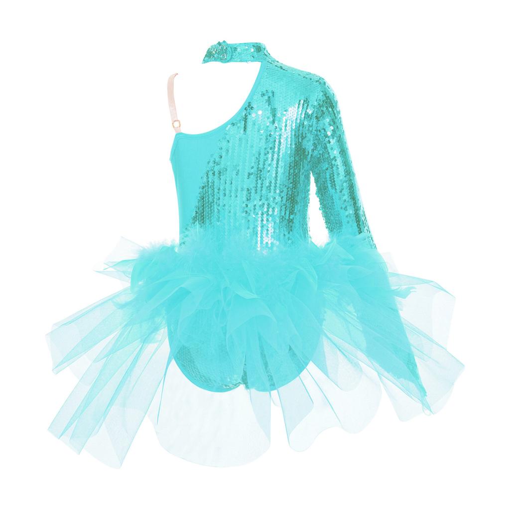 Детский купальник с тюлевой юбкой и блестками для девочек, комбинезон на одно плечо с длинными рукавами, танцевальное боди, танцевальная одежда
