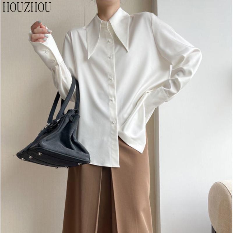 HOUZHOU Шикарная женская рубашка с острым воротником, корейская элегантная ретро-элегантная женская классическая блузка для поездок на работу