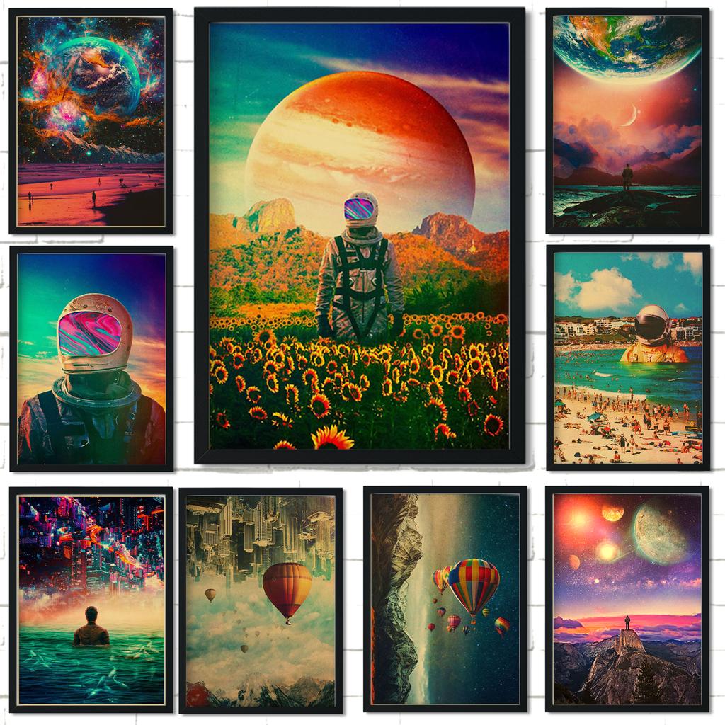 Vintage Astronaut Space Dreaming Poster Fantasy Flower NIght Wall Art Home Decoration Kawaii Room Decor Quality Canvas Posters