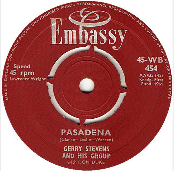 7-дюймовая пластинка GERRY STEVENS HIS GROUP DON DUKE Pasadena Ive Told Every Little S 45WB454 Embassy 1961 Великобритания Поп Б/у