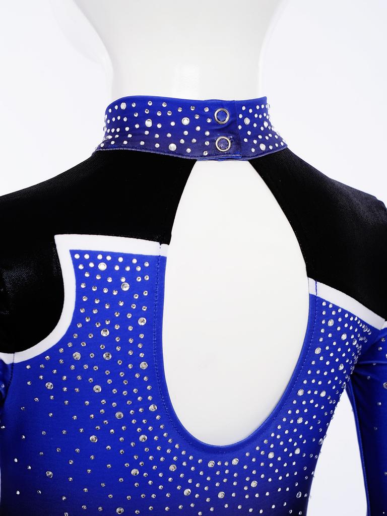 Girls Performance Jumpsuit Color Gradient Mock Neck Long Sleeve with Rhinestones Keyhole Back