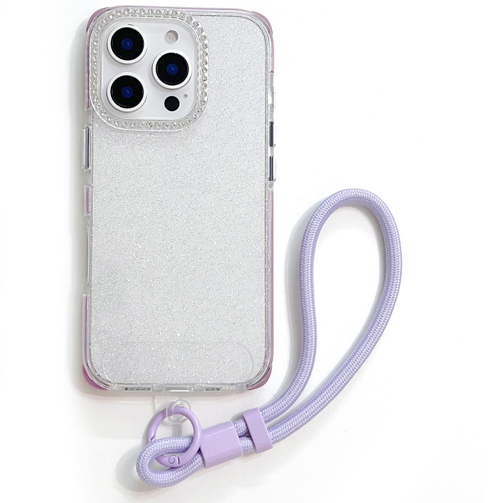 For iPhone 16 Pro Max Case Rhinestone Decor Glitter TPU Anti Drop Phone Cover with Adjustable Wrist Strap
