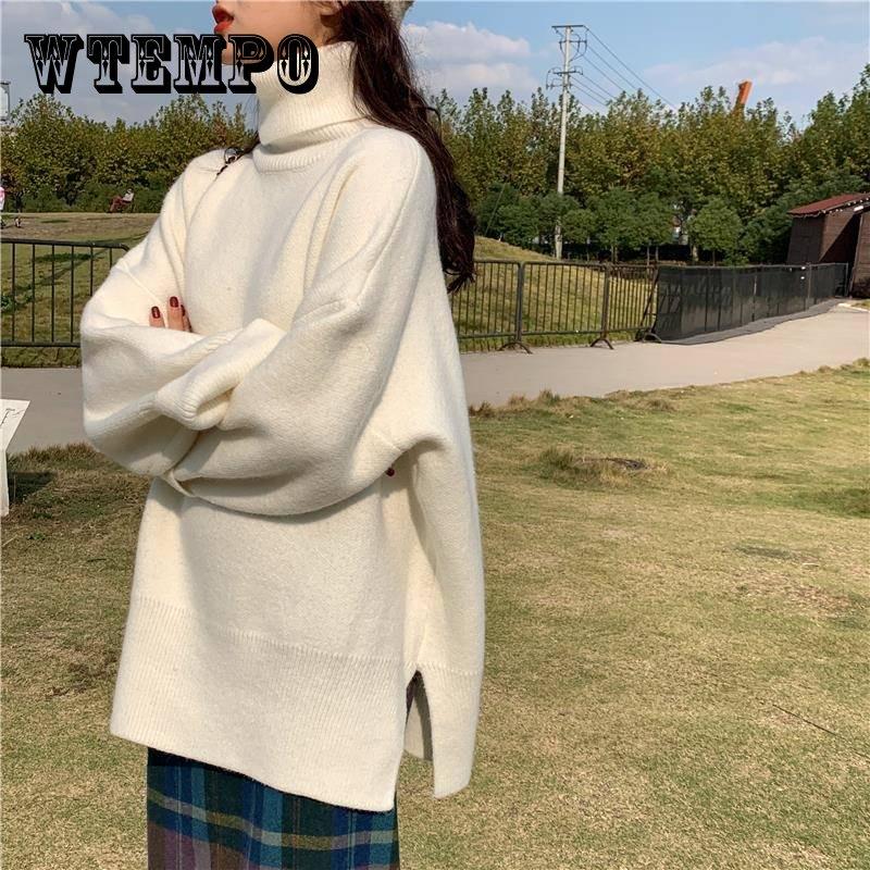 Зимний толстый свитер с высоким воротником, женский свободный пуловер, однотонный вязаный свитер с разрезом