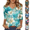 Женские топы, рубашка с рукавом три четверти, свободная повседневная рубашка с V-образным вырезом, футболка с цветочным принтом