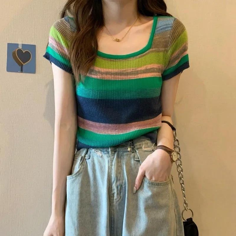 WTEMPO Y2K Knitted Tops Women Rainbow Stripes Tunic Tees Shirts Female Korean Summer Loose Casual T-Shirts