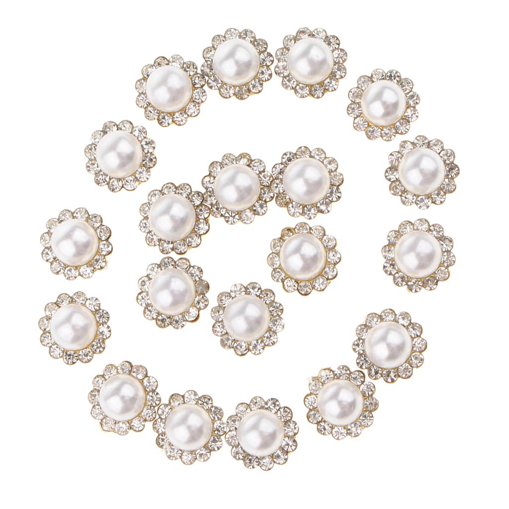 20 Pieces Faux Pearl Buttons Rhinestone Embellishments Flatback for DIY 12mm