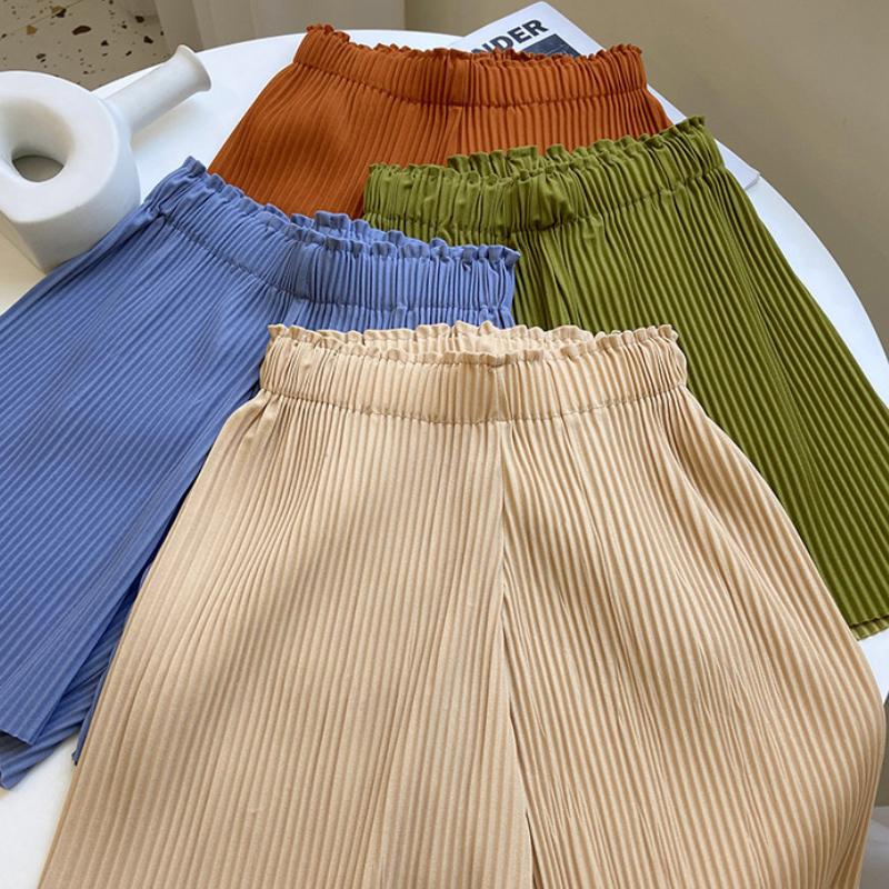 Женские легкие плиссированные шорты, летние свободные, с высокой талией, эластичные, удобные, широкие повседневные шорты